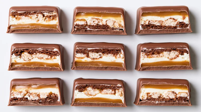 Nine chocolate candy bars arranged in a grid on white background