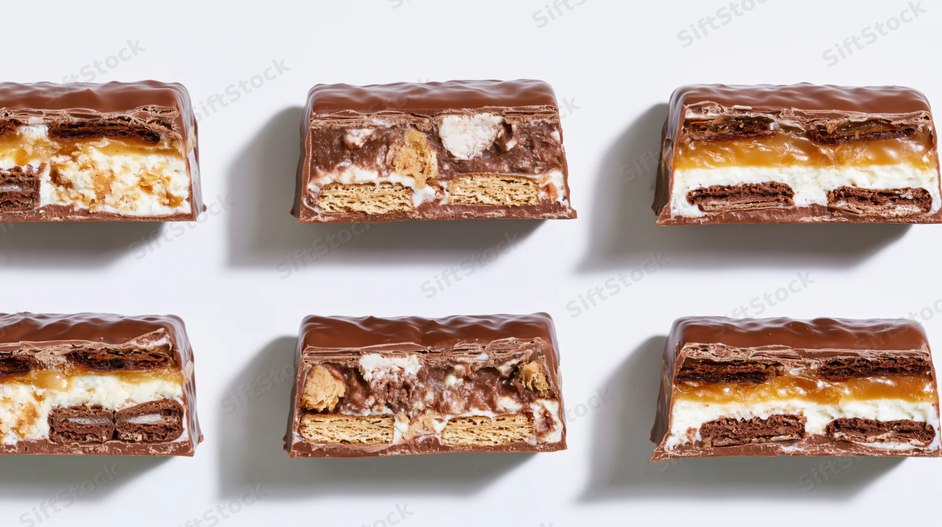 Nine chocolate candy bars arranged in a three-by-three grid on white background