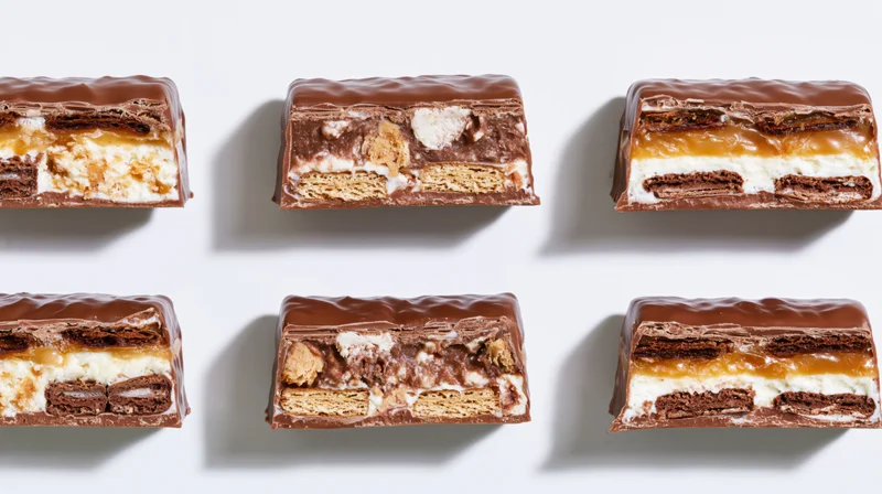 Nine chocolate candy bars arranged in a three-by-three grid on white background