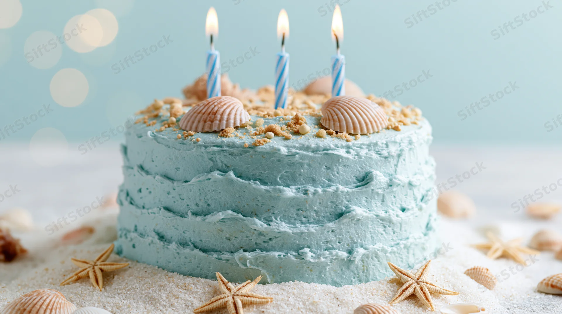 Ocean-themed birthday cake with blue frosting and seashells on sand