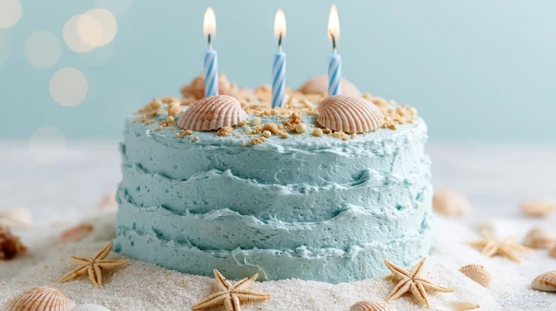 Ocean-themed birthday cake with blue frosting and seashells on sand