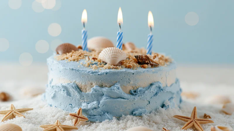 Ocean-themed birthday cake with blue frosting, seashells and starfish on sand, lit candles on top