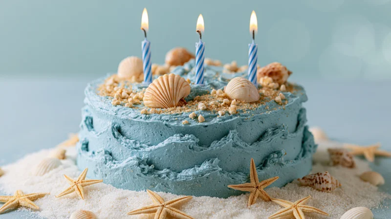 Ocean-themed birthday cake with blue frosting and seashells on sand base