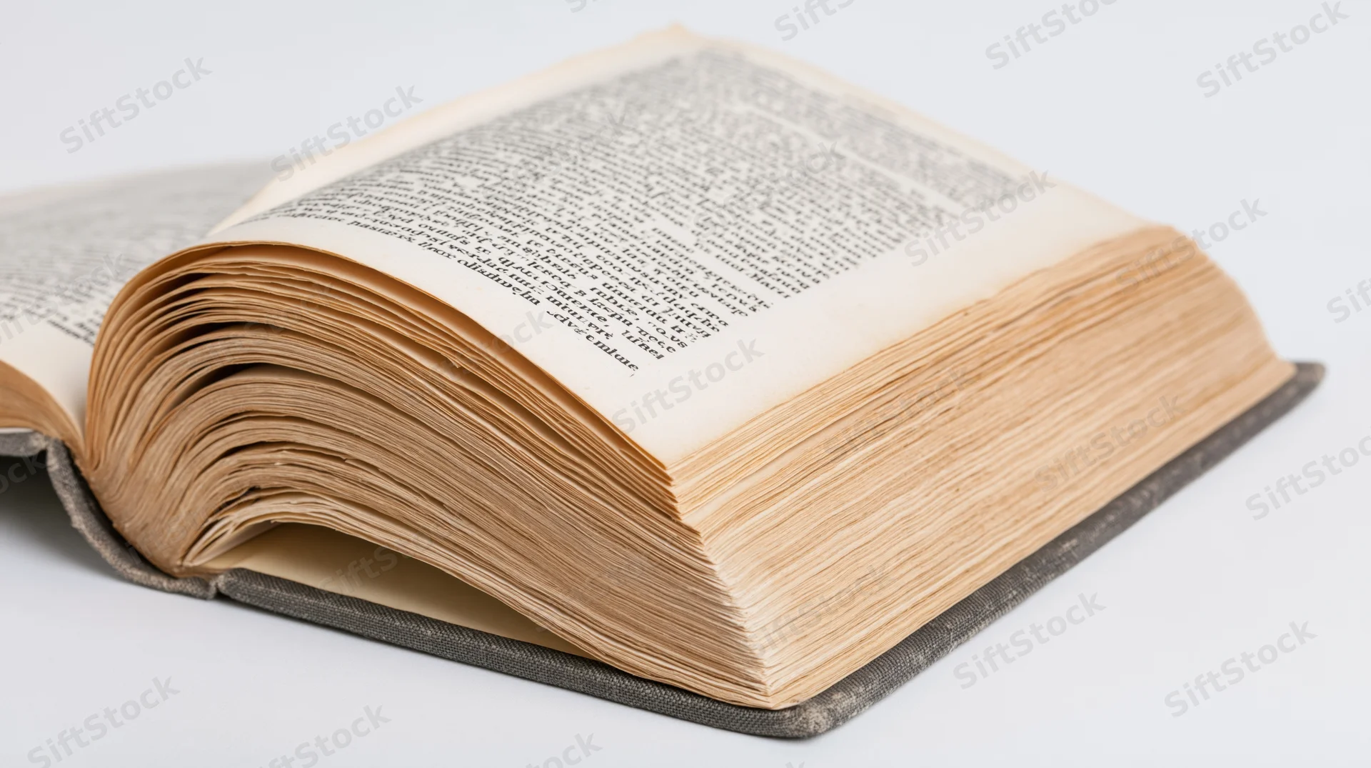 Open vintage hardcover book with fanned aged pages on white background