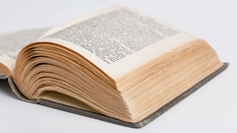 Open vintage hardcover book with fanned aged pages on white background
