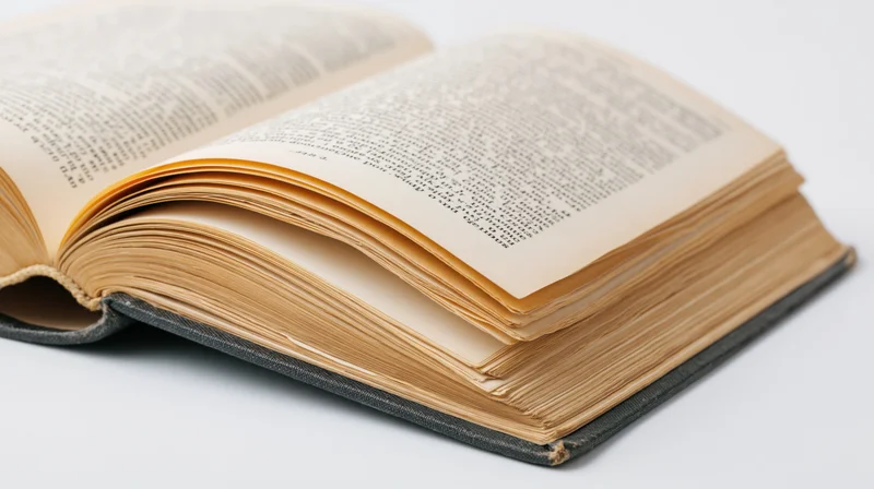 Open vintage hardcover book with fanned pages lying on white surface