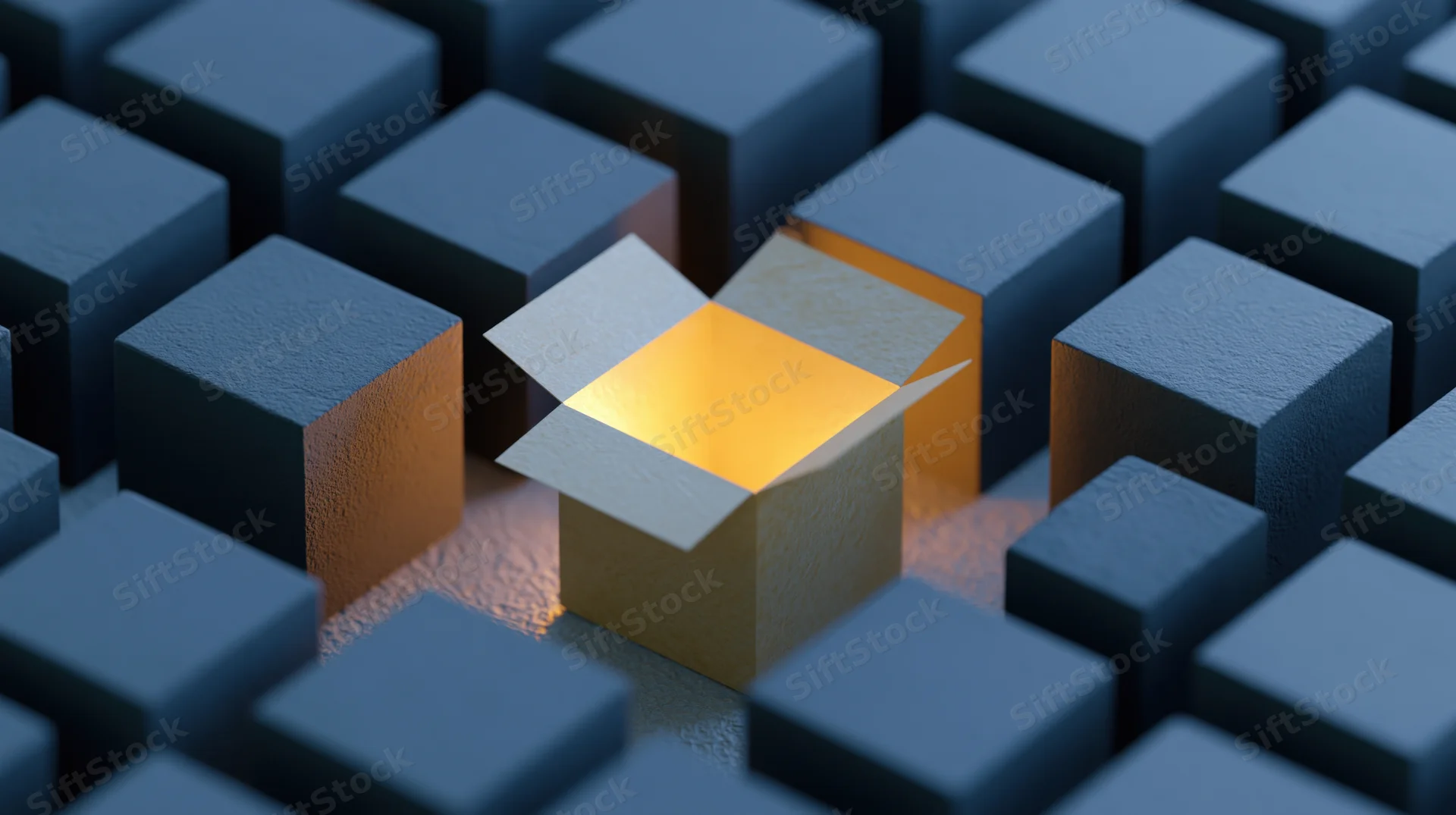 Open cardboard box glowing with warm yellow light surrounded by blue cubes in a grid pattern