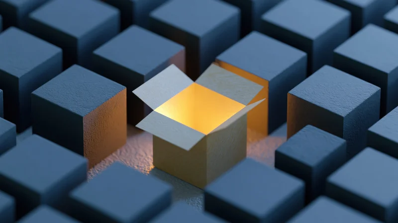 Open cardboard box glowing with warm yellow light surrounded by blue cubes in a grid pattern