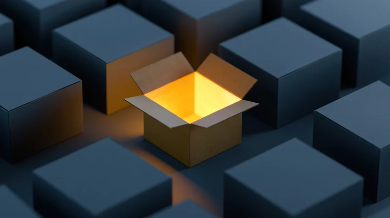 Open cardboard box glowing with warm yellow light among dark blue cubes