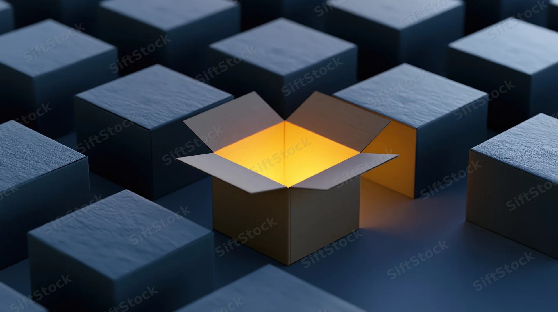 Open cardboard box glowing with warm yellow light surrounded by dark blue cubes in a grid pattern