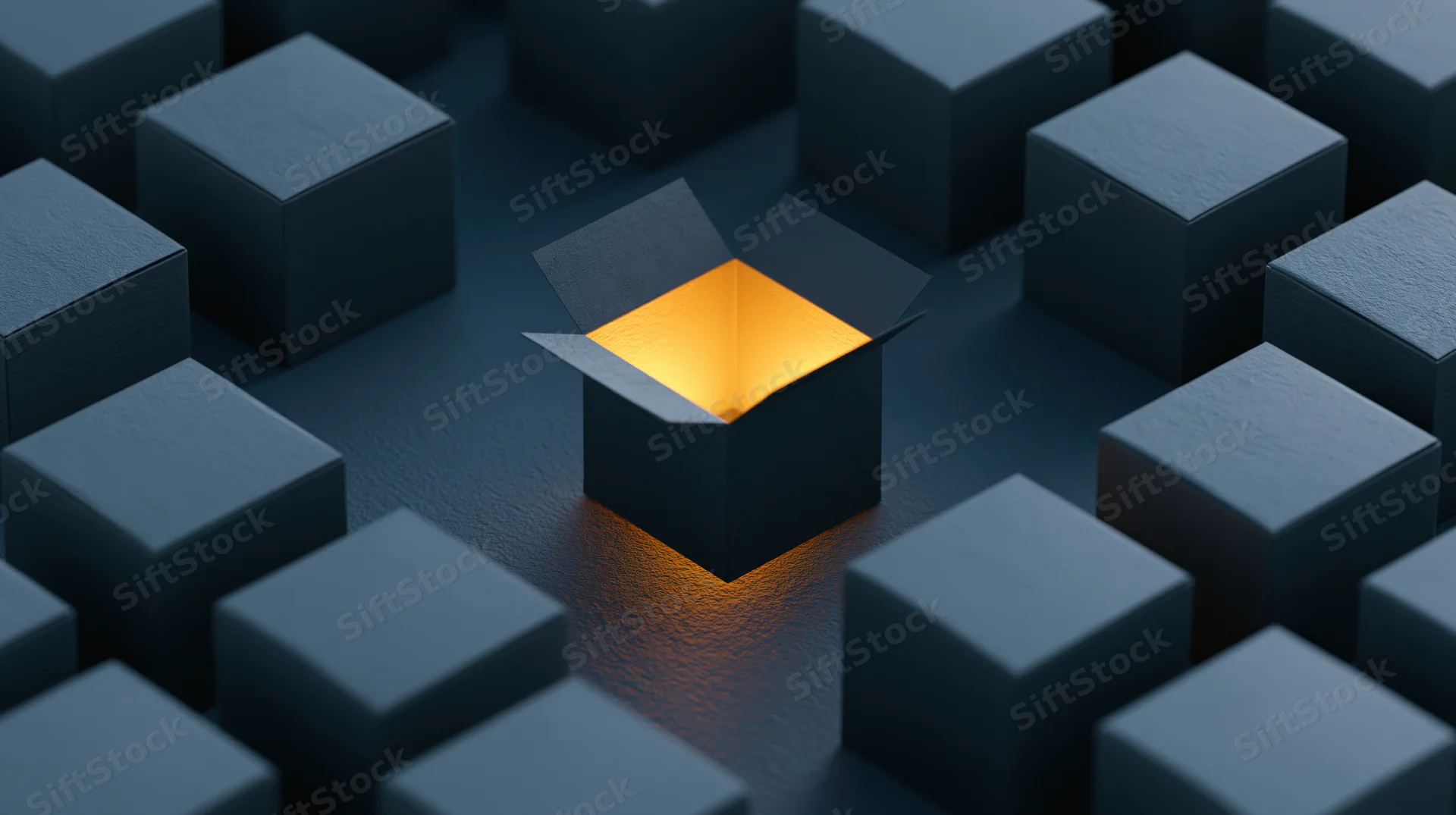 Open cardboard box glowing with warm yellow light among dark cubes in a grid pattern