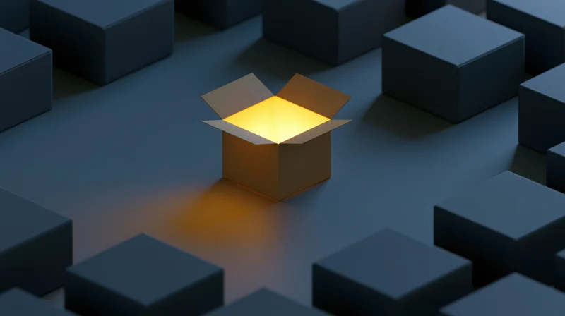 Open cardboard box glowing with warm yellow light surrounded by dark cubes on a smooth surface