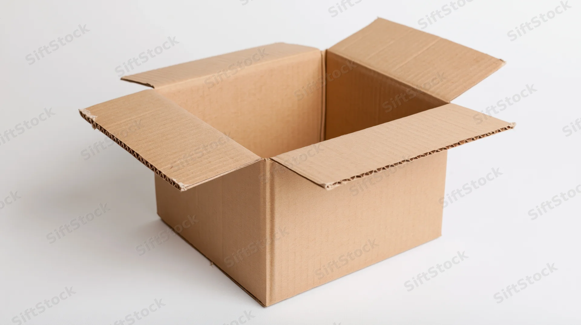Open empty corrugated cardboard box with flaps folded back on white background