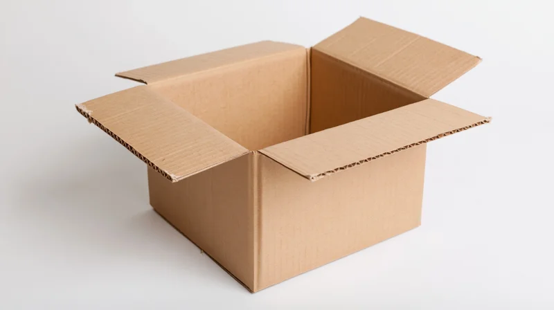 Open empty corrugated cardboard box with flaps folded back on white background