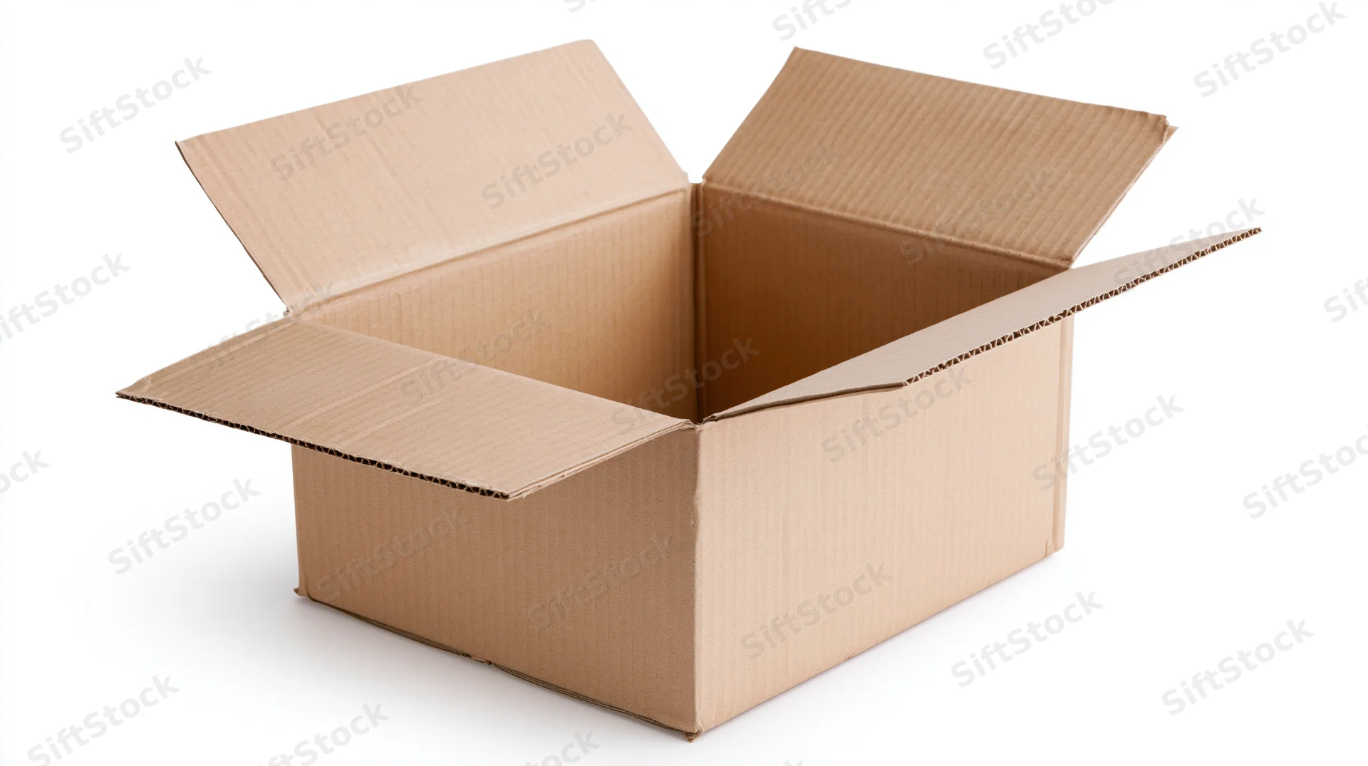 Open empty corrugated cardboard shipping box with flaps folded back on white background