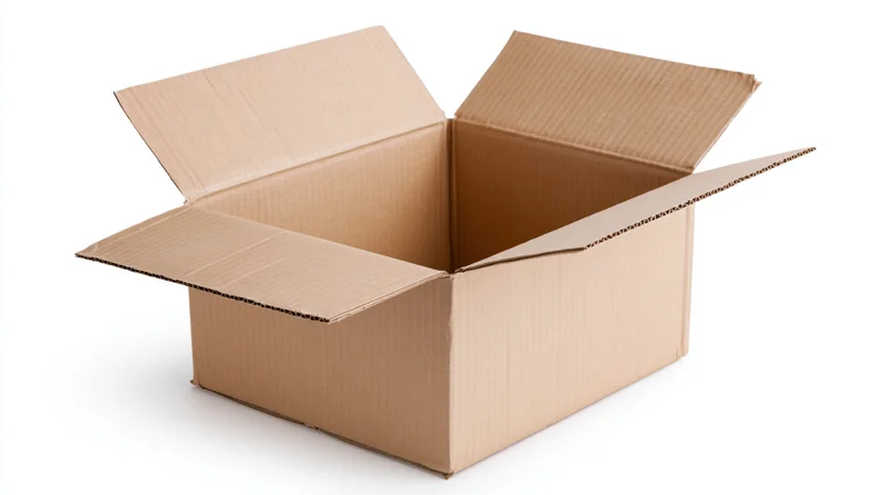 Open empty corrugated cardboard shipping box with flaps folded back on white background