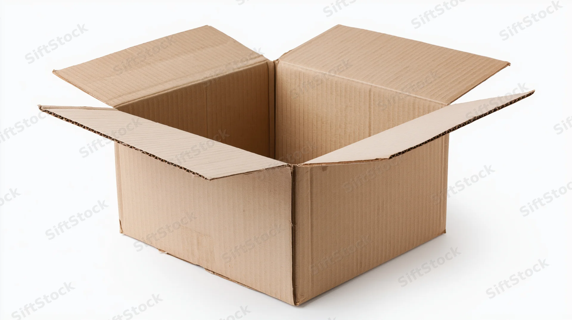 Open empty corrugated cardboard shipping box with flaps folded on white background