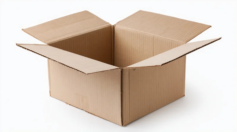 Open empty corrugated cardboard shipping box with flaps folded on white background