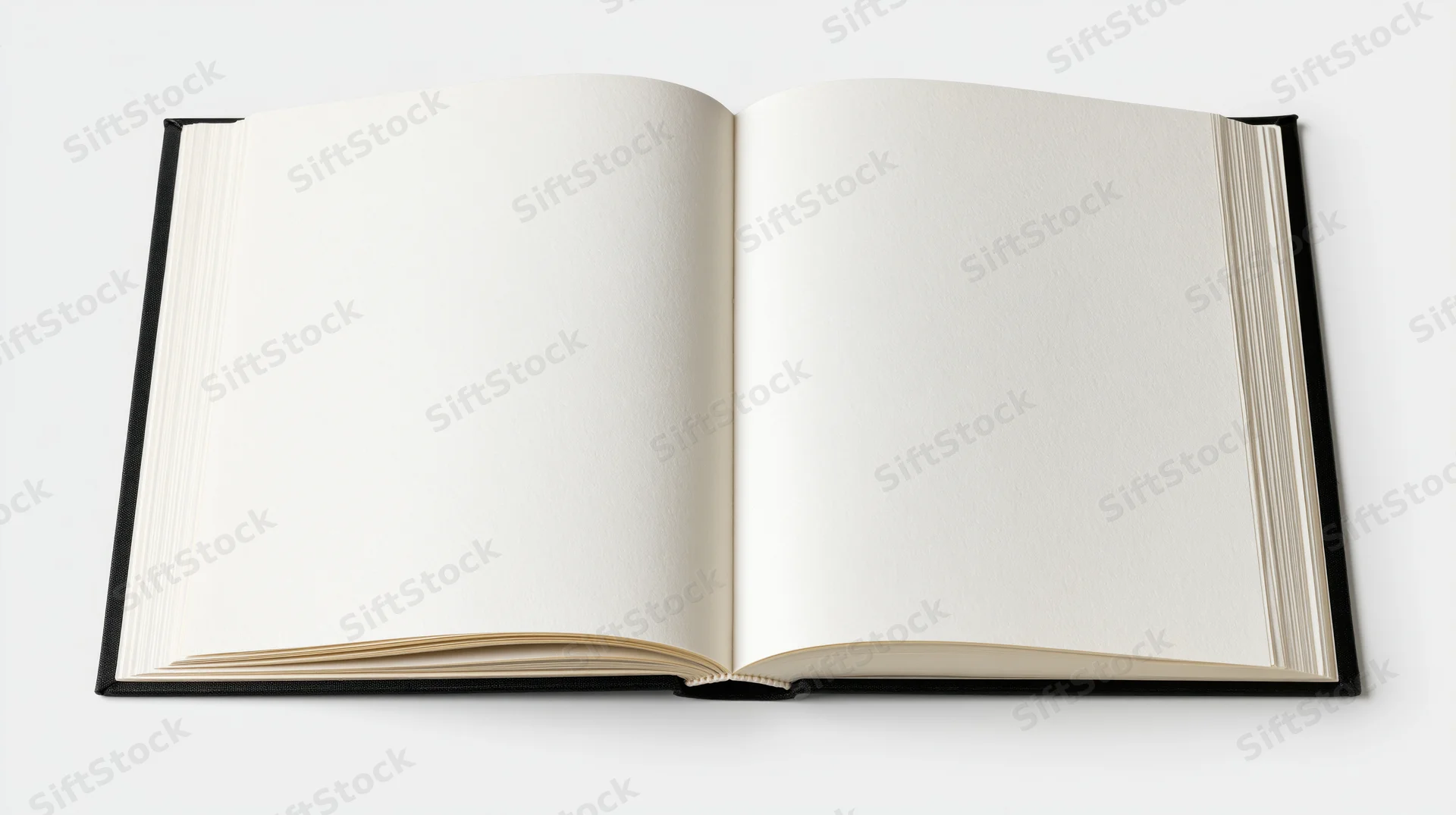 Open hardcover book lying flat with blank white pages on white background