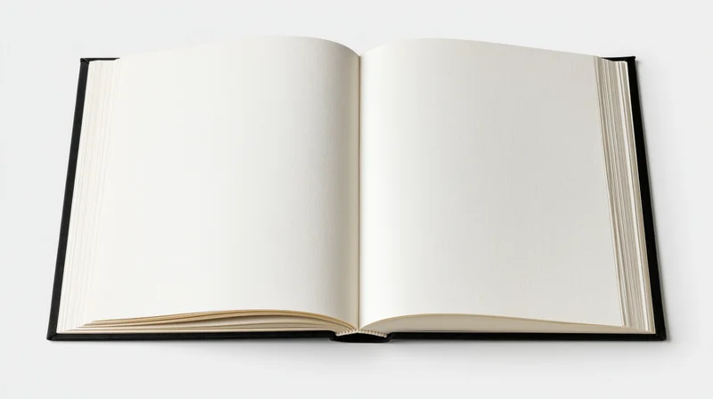 Open hardcover book lying flat with blank white pages on white background