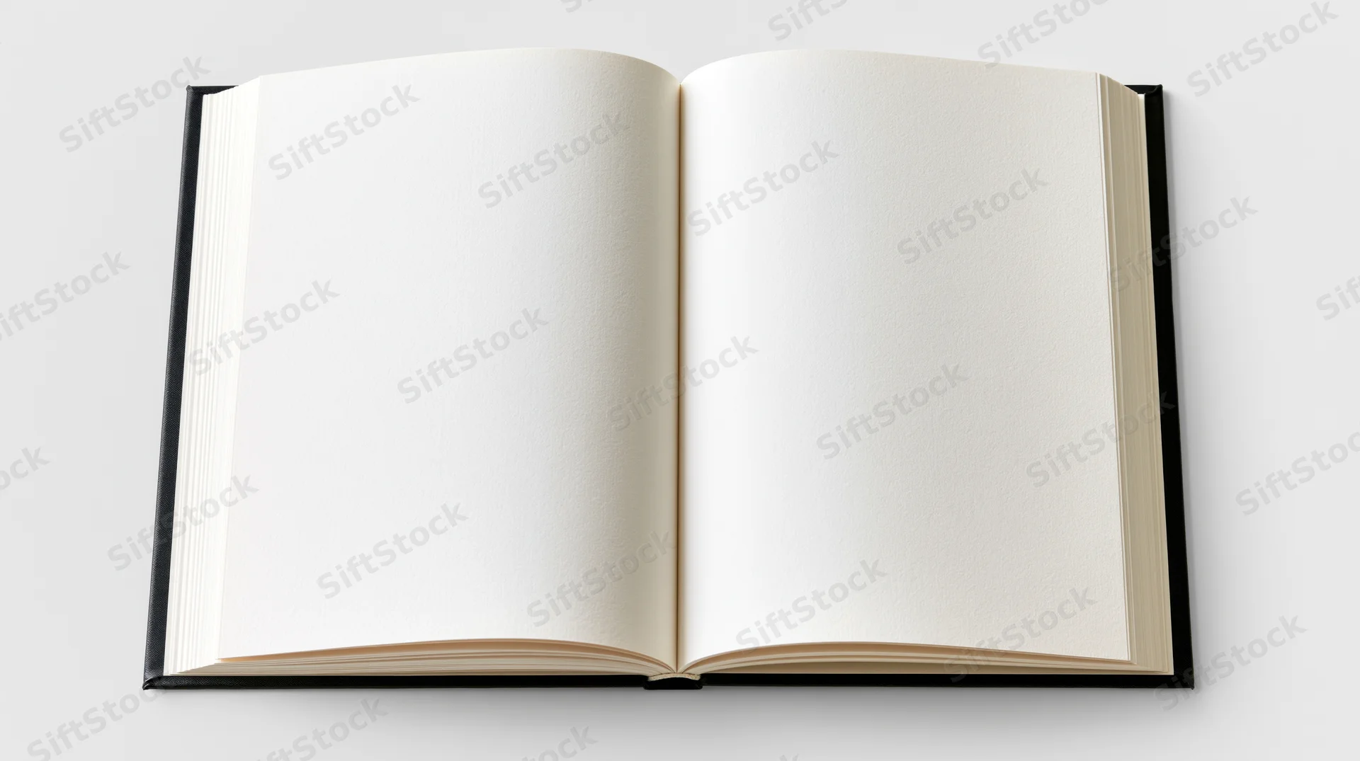Open hardcover book lying flat with blank white pages on white background