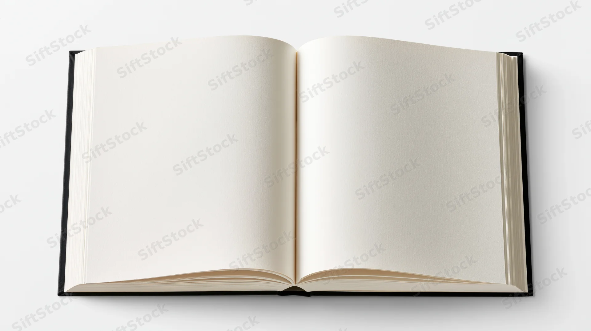 Open hardcover book lying flat with blank white pages on white background