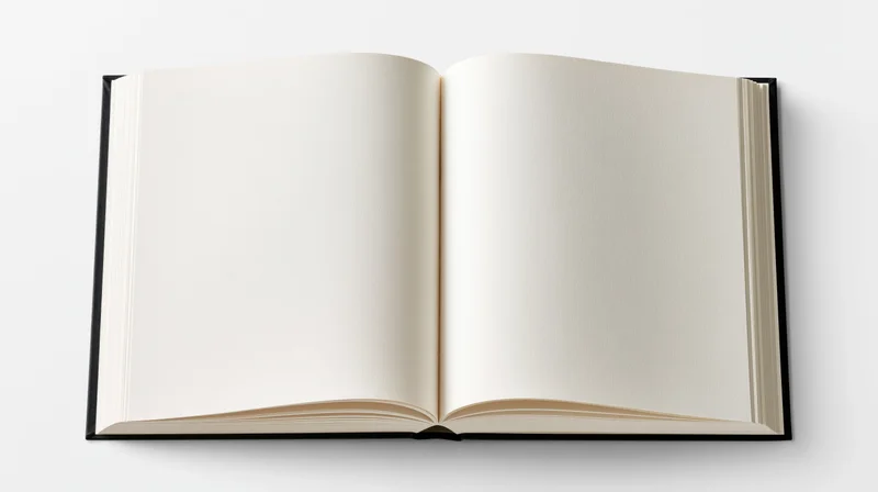 Open hardcover book lying flat with blank white pages on white background
