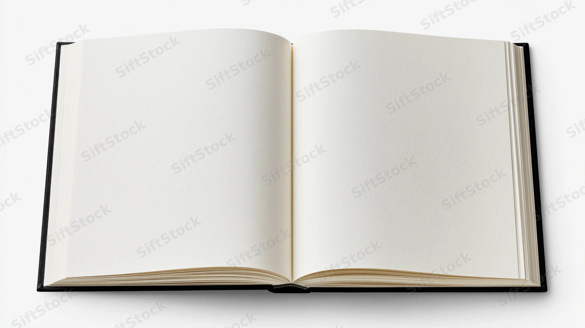Open hardcover book lying flat with blank white pages on white background