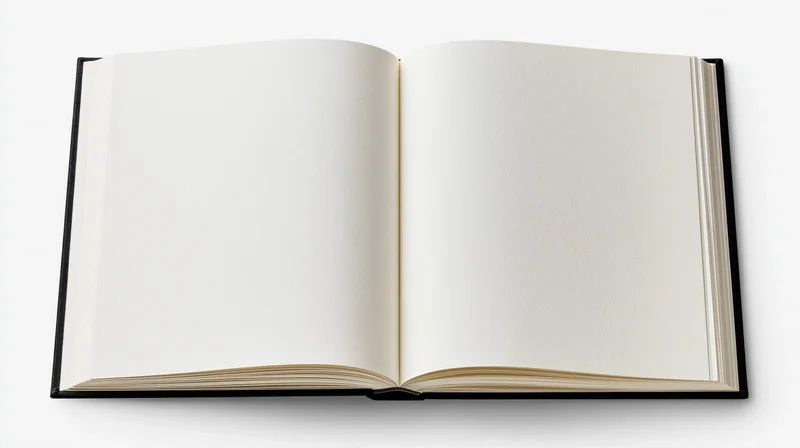 Open hardcover book lying flat with blank white pages on white background