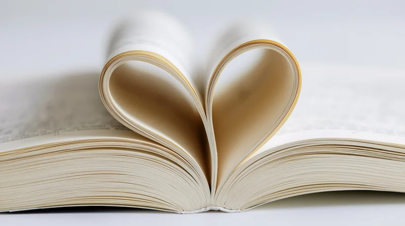 Open hardcover book with center pages folded into a heart shape on a white surface