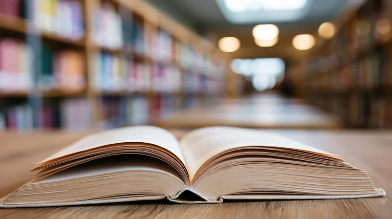 Open hardcover book lying flat on wooden table in library aisle