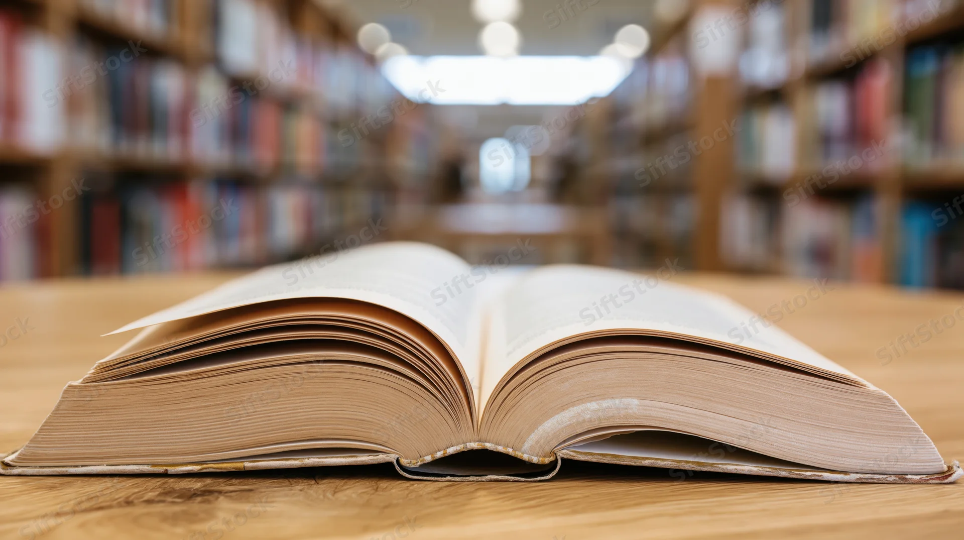 Open hardcover book lying flat on wooden table in library aisle