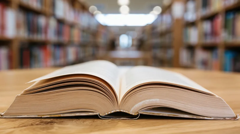 Open hardcover book lying flat on wooden table in library aisle