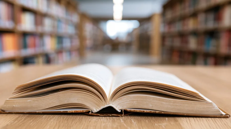 Open hardcover book lying flat on wooden table in library aisle