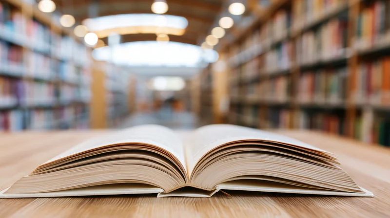 Open hardcover book lying flat on wooden table in library aisle