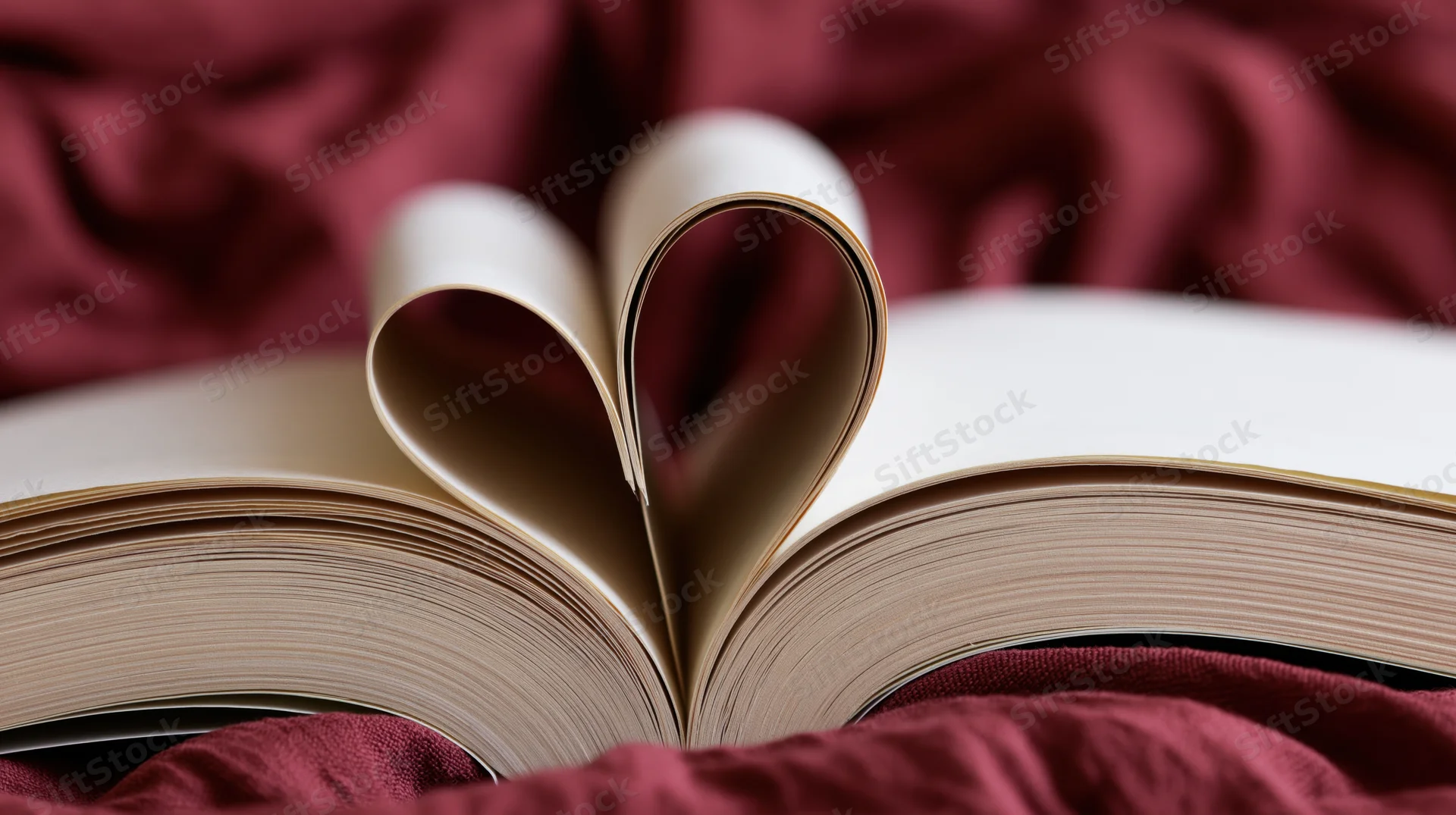 Open book with pages folded into heart shape on red fabric
