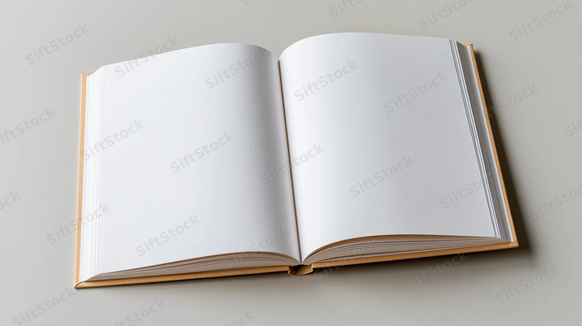 Open hardcover notebook with blank white pages lying flat on a neutral surface