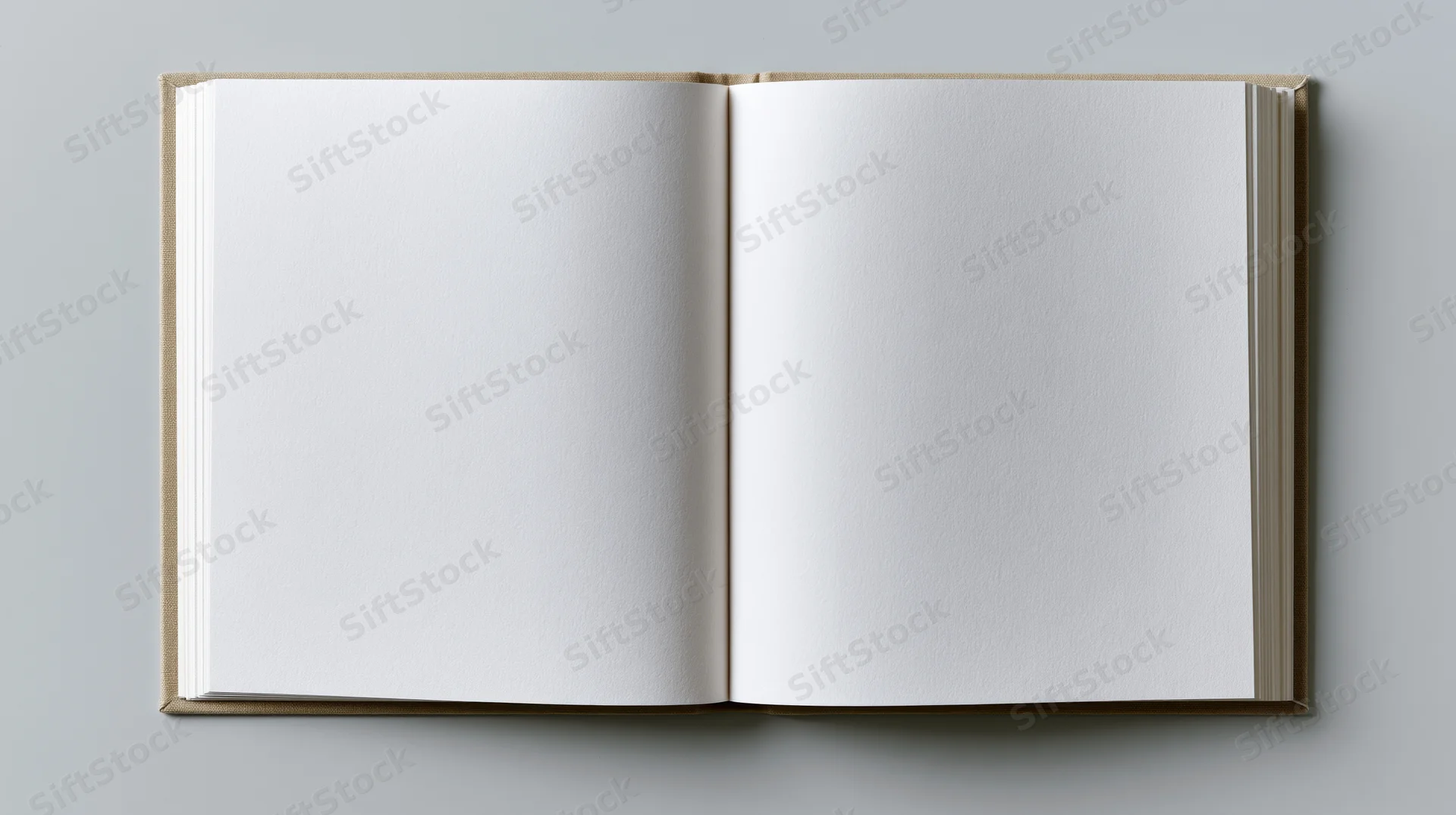 Open hardcover notebook with blank white pages lying flat on gray surface