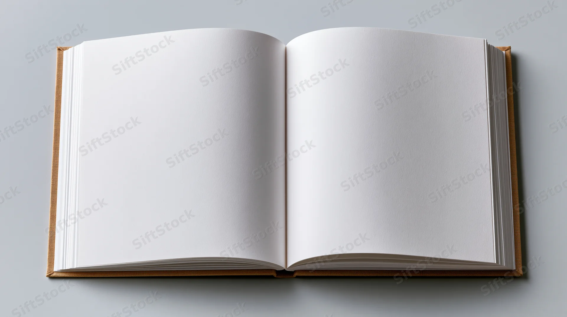 Open hardcover notebook with blank white pages lying flat on gray surface