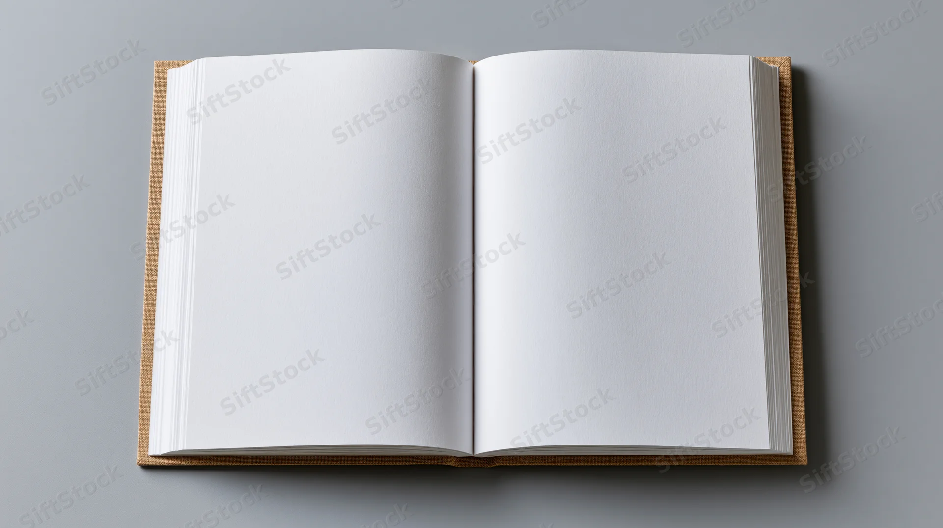 Open hardcover notebook with blank white pages lying flat on gray surface
