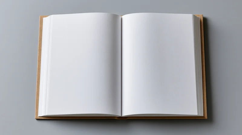 Open hardcover notebook with blank white pages lying flat on gray surface