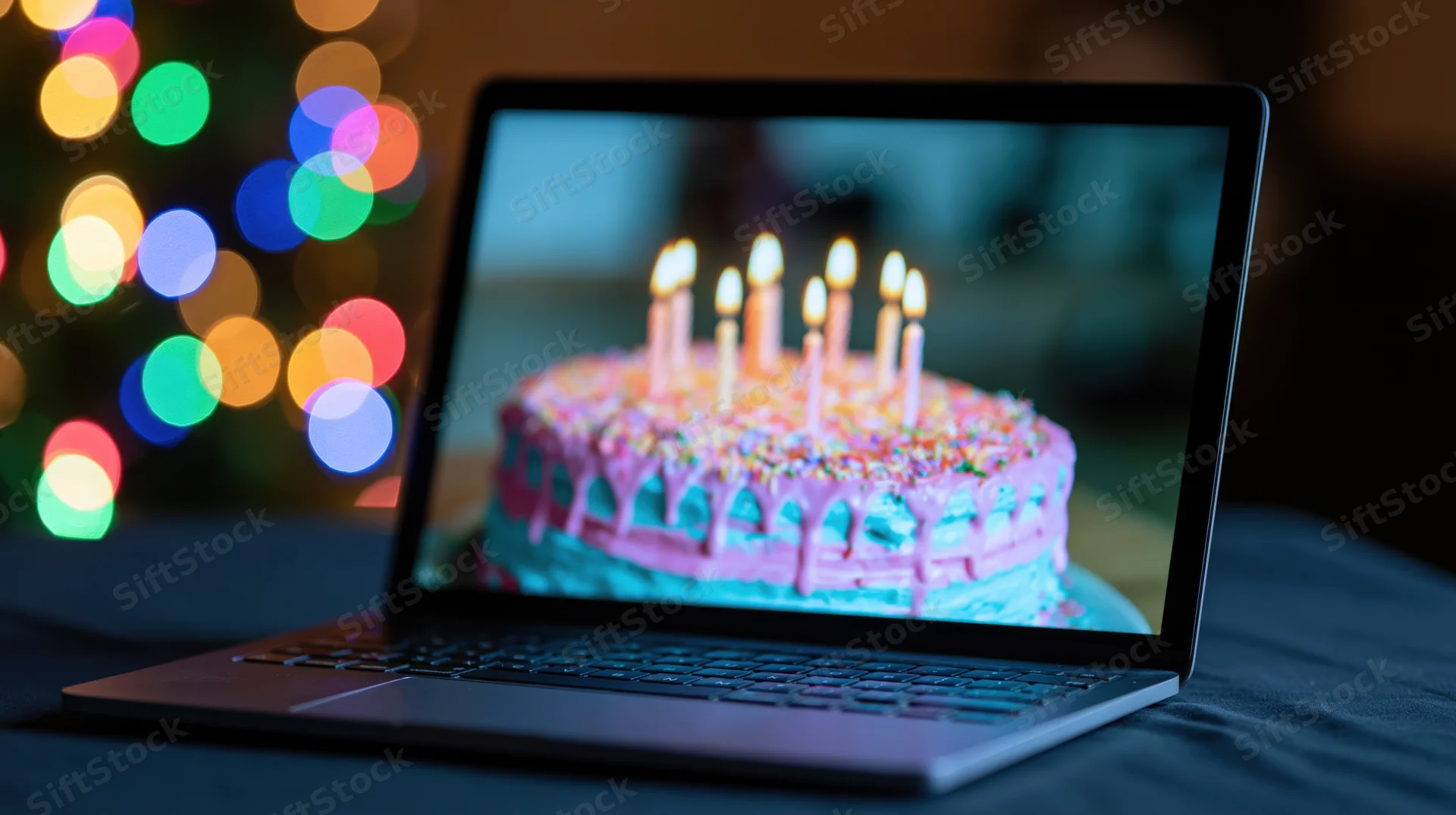 Laptop displaying birthday cake with lit candles on dark table with colorful bokeh lights in background