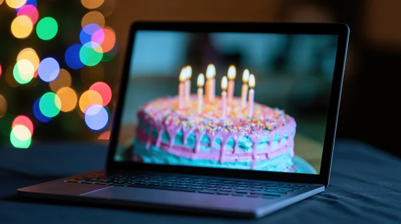 Laptop displaying birthday cake with lit candles on dark table with colorful bokeh lights in background