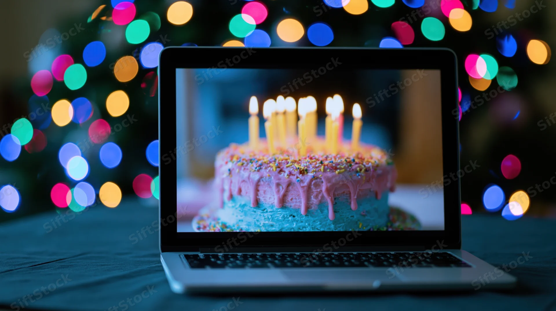 Laptop displaying birthday cake with lit candles on dark table with colorful bokeh lights in background