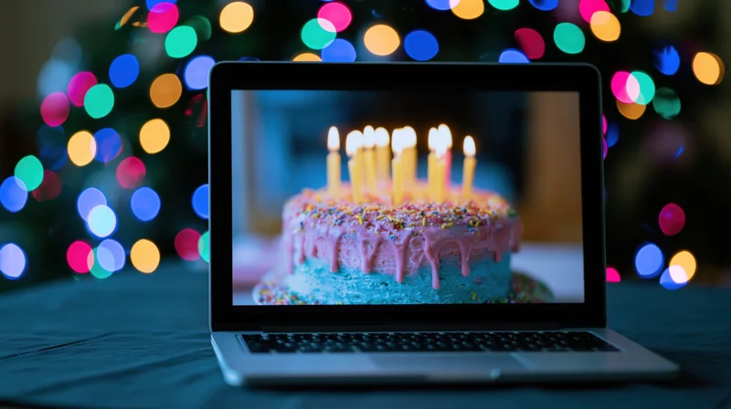 Laptop displaying birthday cake with lit candles on dark table with colorful bokeh lights in background