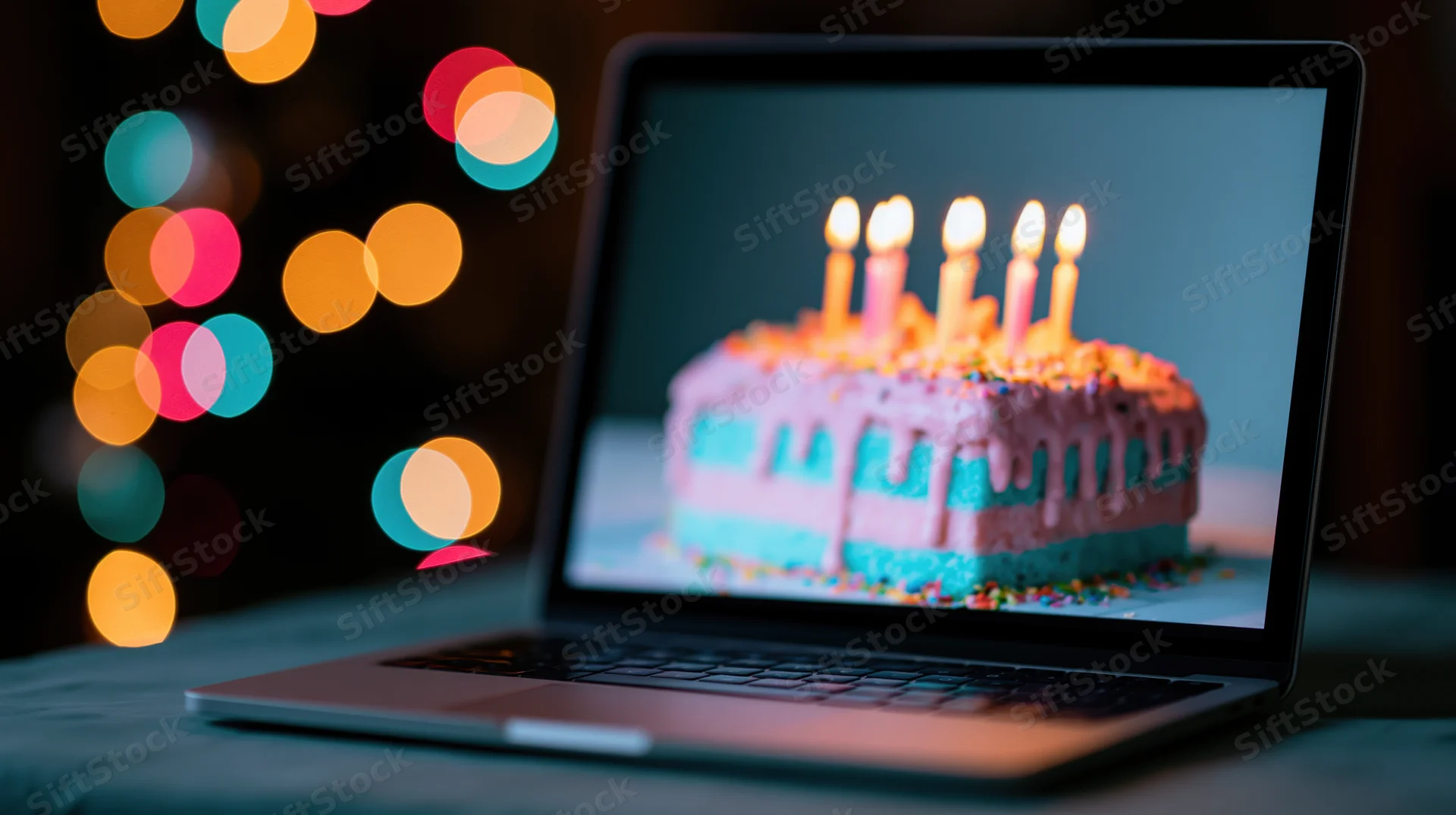 Laptop displaying birthday cake with lit candles on dark table with colorful bokeh lights in background