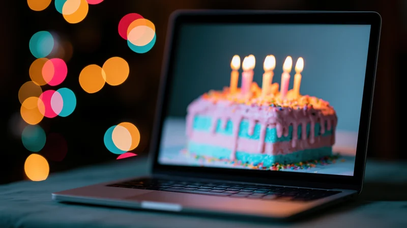 Laptop displaying birthday cake with lit candles on dark table with colorful bokeh lights in background