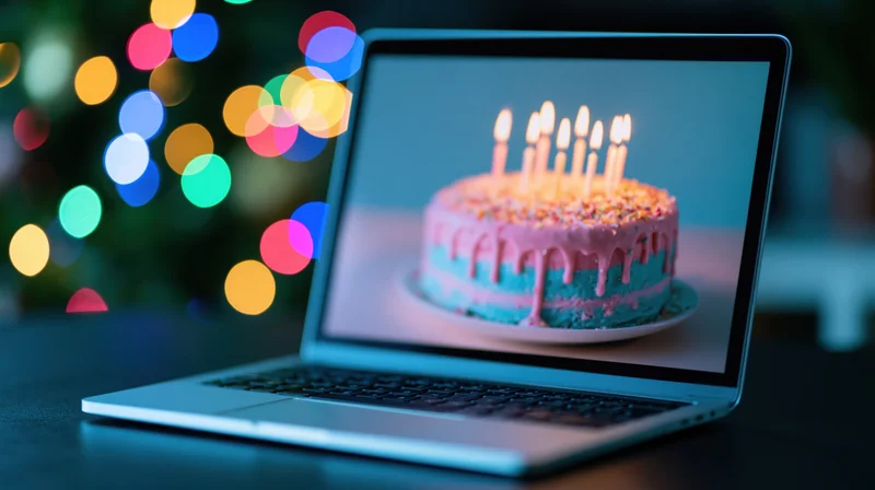 Laptop displaying birthday cake with lit candles on dark table with colorful bokeh lights in background