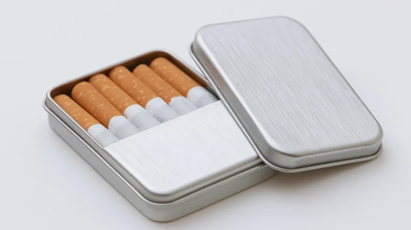 Open metal cigarette case with filter cigarettes inside on white background