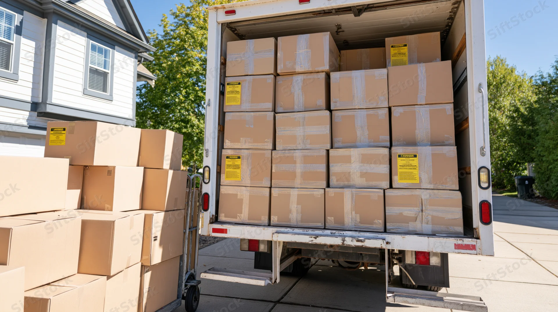 Open moving truck loaded with cardboard boxes backed into a residential driveway beside a house